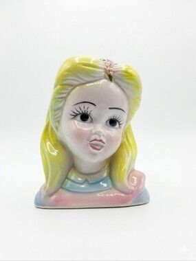 ​Vintage Japan Ceramic Blonde Girl Head Pitcher Creamer Blue Pink Kitsch Twee